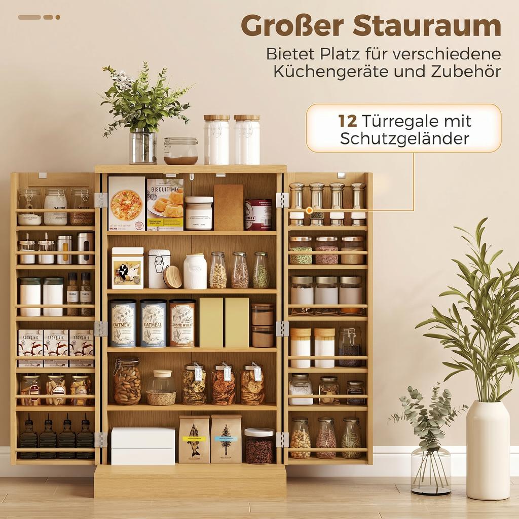 104 Cm Rattan Kitchen Cabinet with 5-Tier Shelf, 12 Spice Racks and Adjustable Shelves, Natural