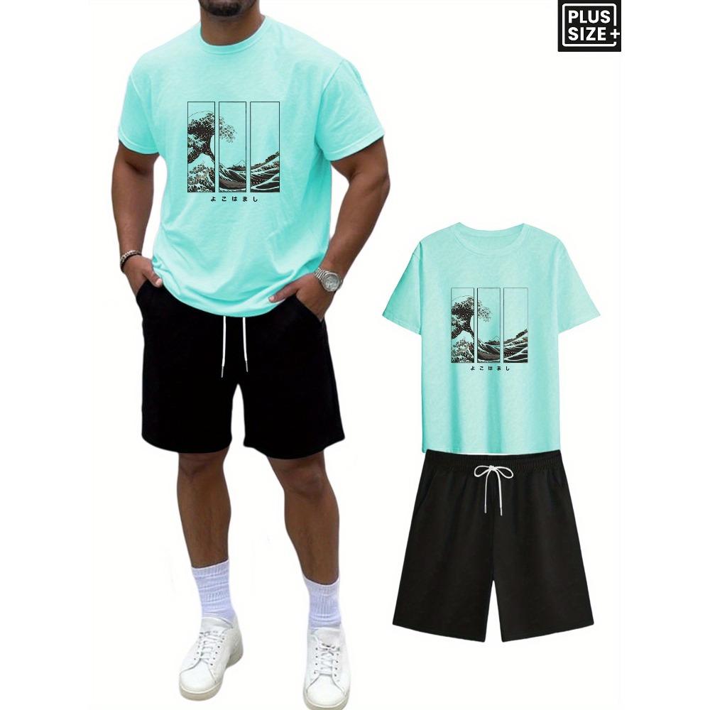 

Summer New Men s Regular Fit Short Sleeved Knee Length Drawstring Shorts Set with Printed Patterns, Casual, Fashionable and Comfortable Design XXL