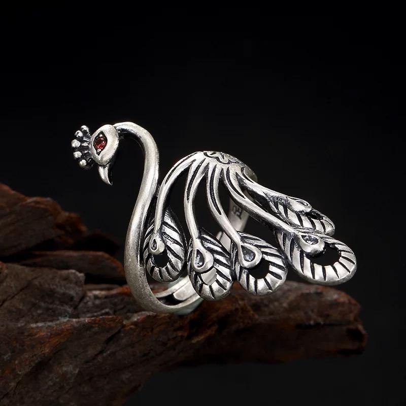 New Peacock Ring Women's Long Ring Ethnic Style Retro Matte Personality Opening Adjustable Ring