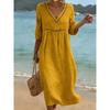 VEZFAA Women's Fashion Summer Spring Solid Color Print 1/2 Sleeves V-Neck Loose Waistline Casual Dresses