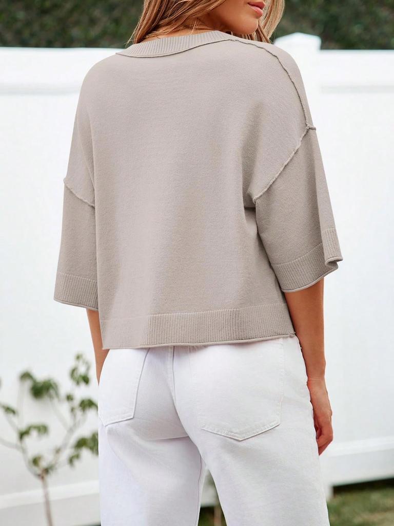 Women's Cropped Button Down Cardigan Sweater Half Sleeve Lightweight Ribbed Knit Top