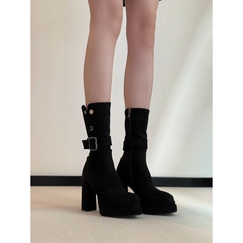 Small Super High Heel Waterproof Table Small Short Boots Women's Retro Belt Buckle Side Zipper Elastic Thin Boots