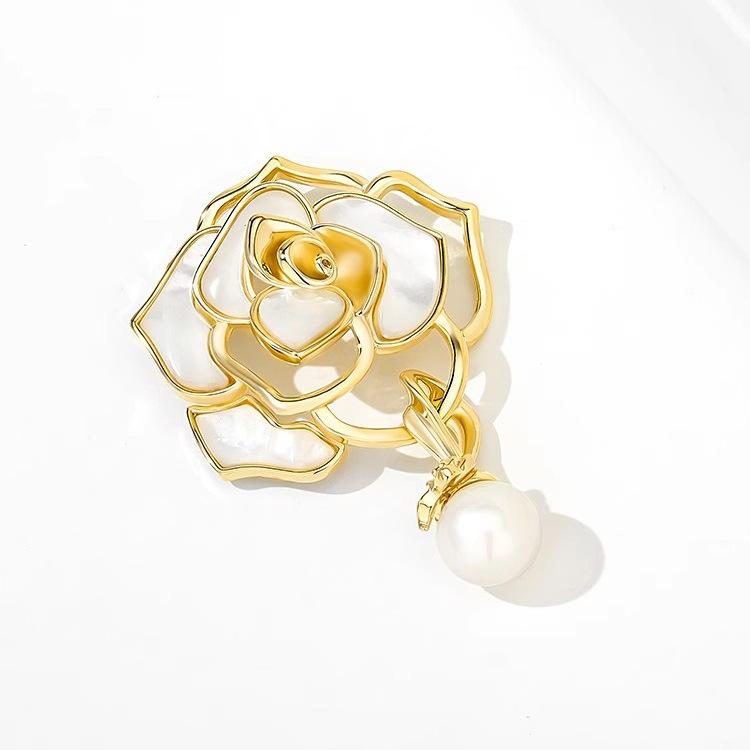 Imitation Fritillary Camellia Brooch High-End Female Luxury Temperament Pearl Brooch Niche Design Pin Suit Accessories