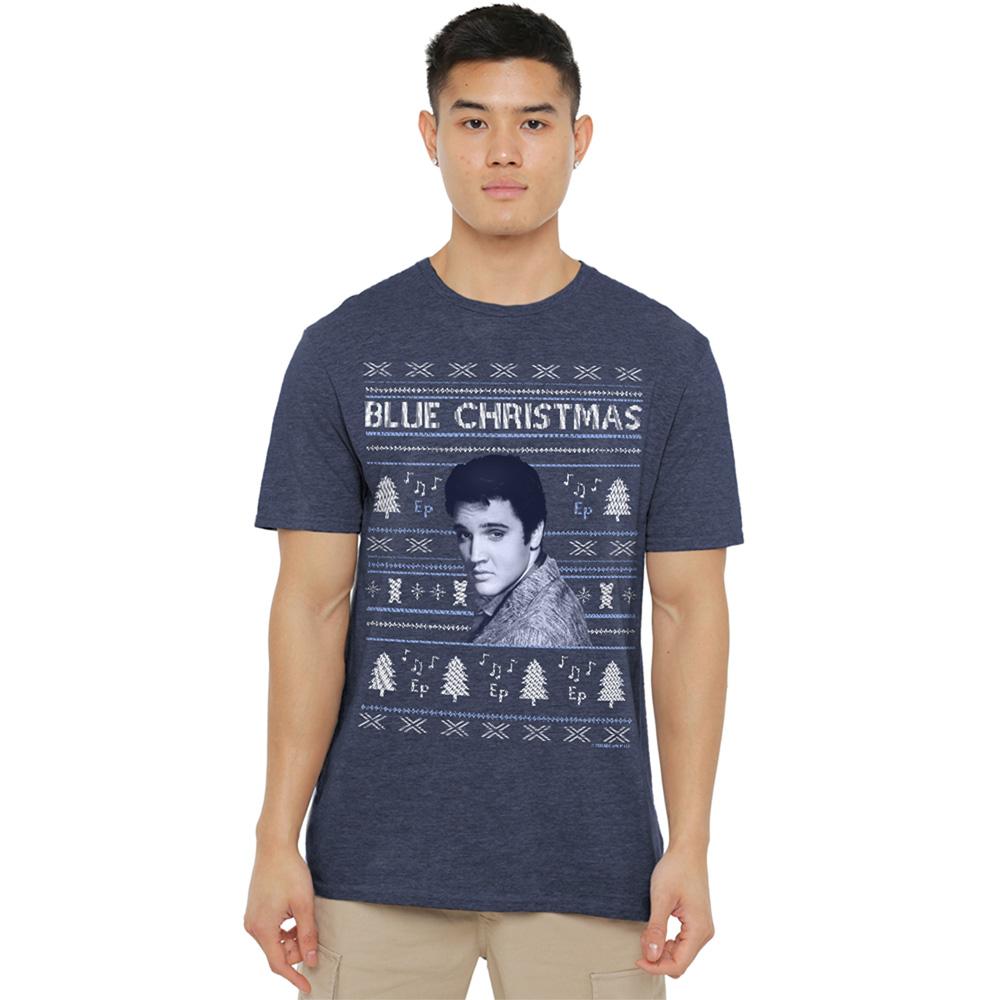 Elvis Presley Unisex Adult Blue Ugly Christmas Fair Isle T-Shirt