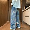 Autumn Floral Printed Jeans for Men Y2K Vintage Denim Pants Hip Hop Fashion Wide-leg Baggy Jean Streetwear Trousers