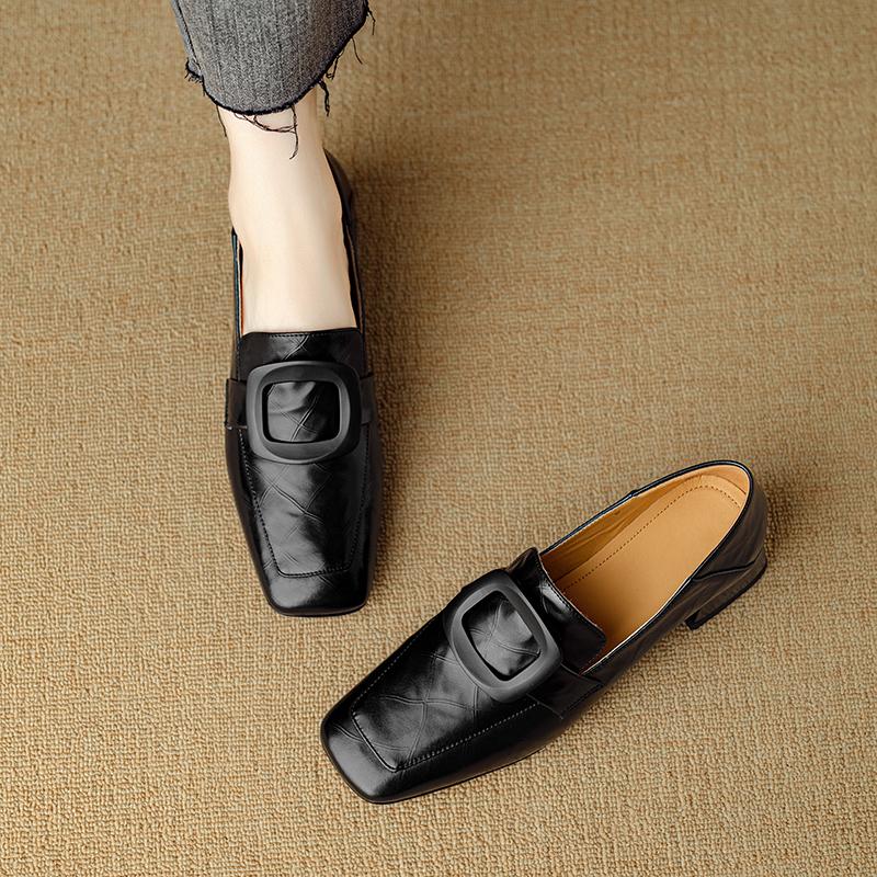 Moda 2024 Wiosna Damskie Mokasyny Kwadratowy Nosek Gruby Obcas Damskie Buty Buty Damskie ze Skóry Naturalnej Retro Kwadratowy Guzik Damskie Czółenka
