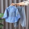 Children's Clothing Girls Spring and Autumn Clothing Suits Shirts and Feet Pants Set Shirts Ruffled Bow Tie Two-piece Suit