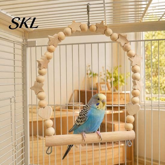 Parrot Climbing Toy Swing Perch, Solid Wood Perch Pole, Wooden Blocks And Beads Arch, Unpainted Bird for Small Medium Parrots with