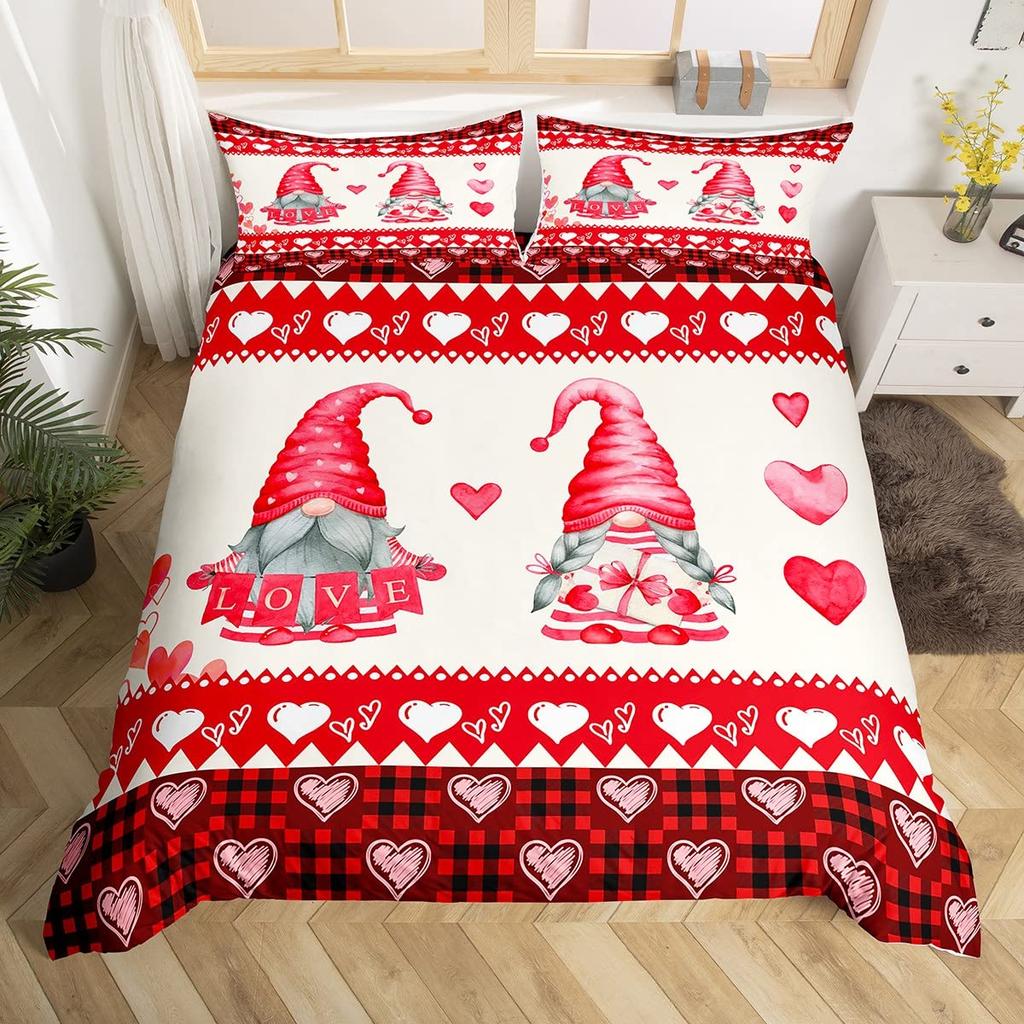 Valentines Day King Duvet Cover Romantic Bedding Set Kawaii Couple Gnome Comforter Cover Pink Rose Hearts Polyester Quilt Cover
