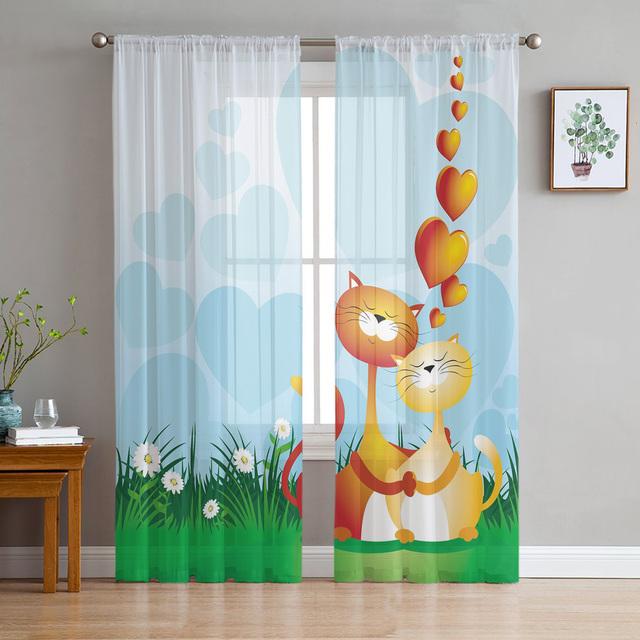 Cartoon Animal Cat Sheer Voile Curtains For Living Room Bedroom Printed Tulle Window Curtain Luxury Home Balcony Decor Drapes