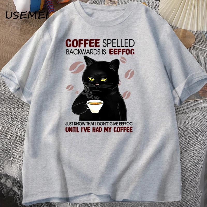 

Футболка с надписью Coffee Spelled Backwards Cat, забавные милые футболки с графикой, летняя футболка унисекс из хлопка ONcek, свободная мужская одежда, свободная 4XL