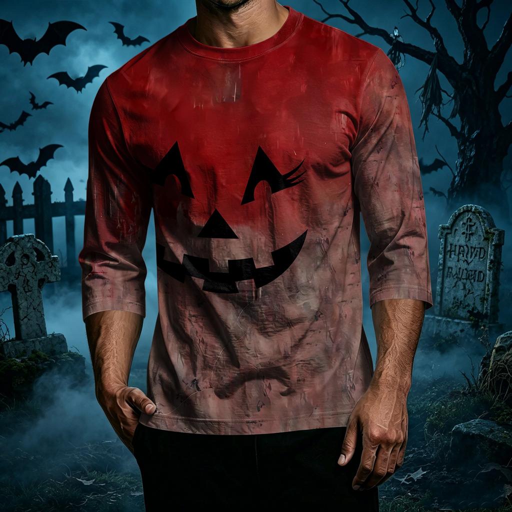 Men's Casual Halloween Print Crew Neck T Shirt Three Quarter Sleeve Top Comfortable Fit Lightweight Fabric Suitable for Everyday Wear