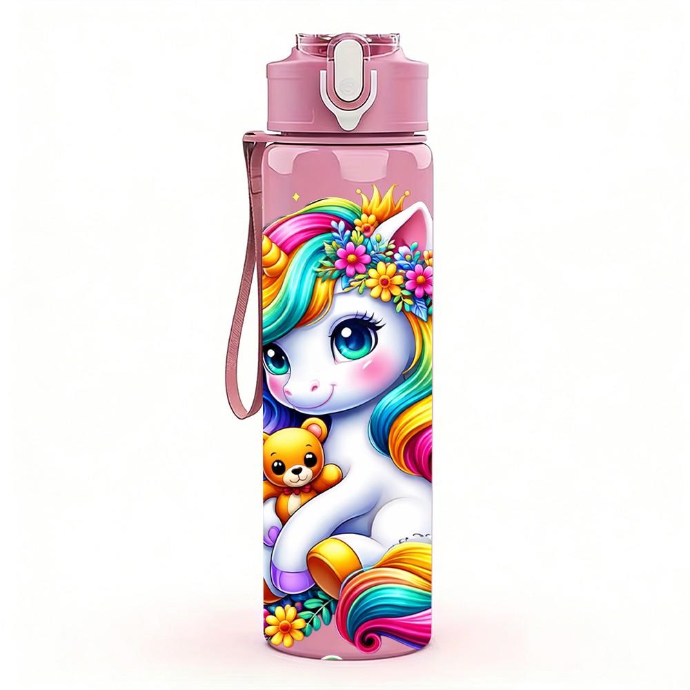 1PC Rainbow Unicorn Colorful Fantasy Print 750ml Color Plastic Sports Water Bottle Leakproof Flip Straw Lid Suitable for Sports Office Home Use