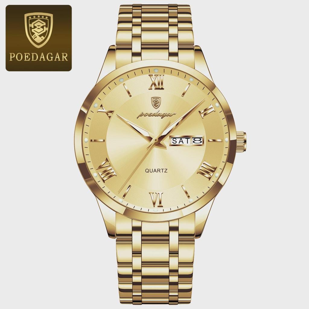 POEDAGAR Luxury Man Clock Waterproof Luminous Week Date Fashion Men's Wristwatch Stainless Steel Business Quartz Watches For Men