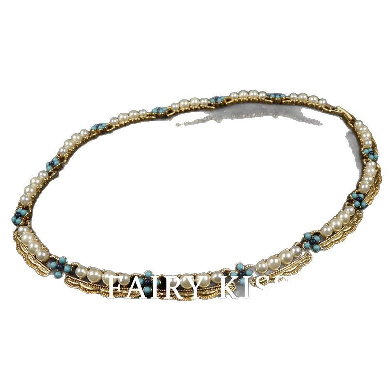 Stylish Round Inlaid Turquoise Imitation Pearl Stud Earrings Exquisite Alloy Short Necklace Women's Versatile Exquisite Set