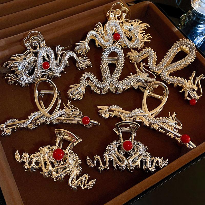 Haarspangen im chinesischen Stil, Sternzeichen Drache, Haarschmuck für Frauen und Mädchen, rote Perle, Legierung, Strass, Haarklammer, Modeschmuck