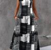 Summer Women's Geometric Print Maxi Dress Sleeveless Crew Neck Pocket Casual A-Line Long Sundress Vintage Loose Beach Vacation Dress