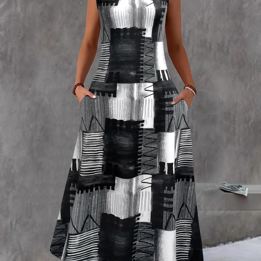 Summer Women's Geometric Print Maxi Dress Sleeveless Crew Neck Pocket Casual A-Line Long Sundress Vintage Loose Beach Vacation Dress