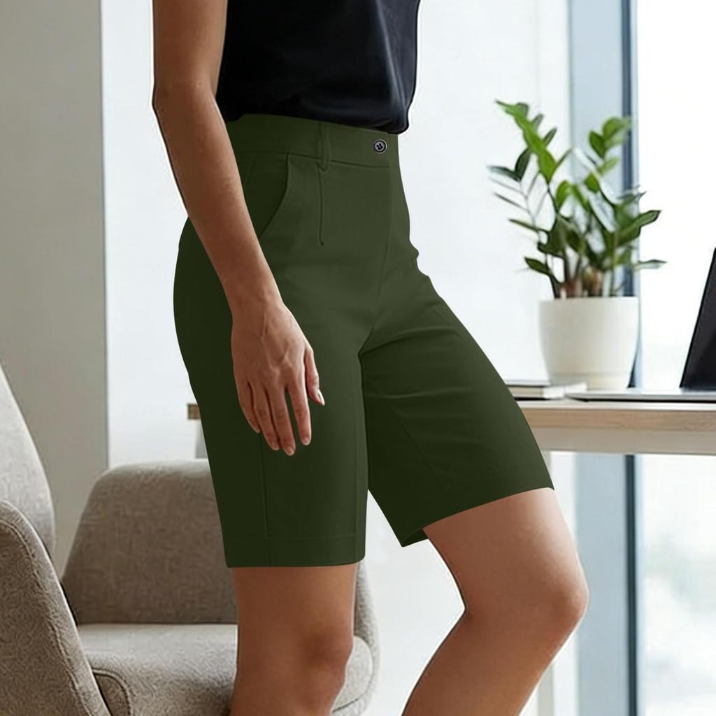 Women High Waist Straight Leg Tailored Bermuda Shorts Simple Design Office Style Knee Length Suit Shorts with Pockets