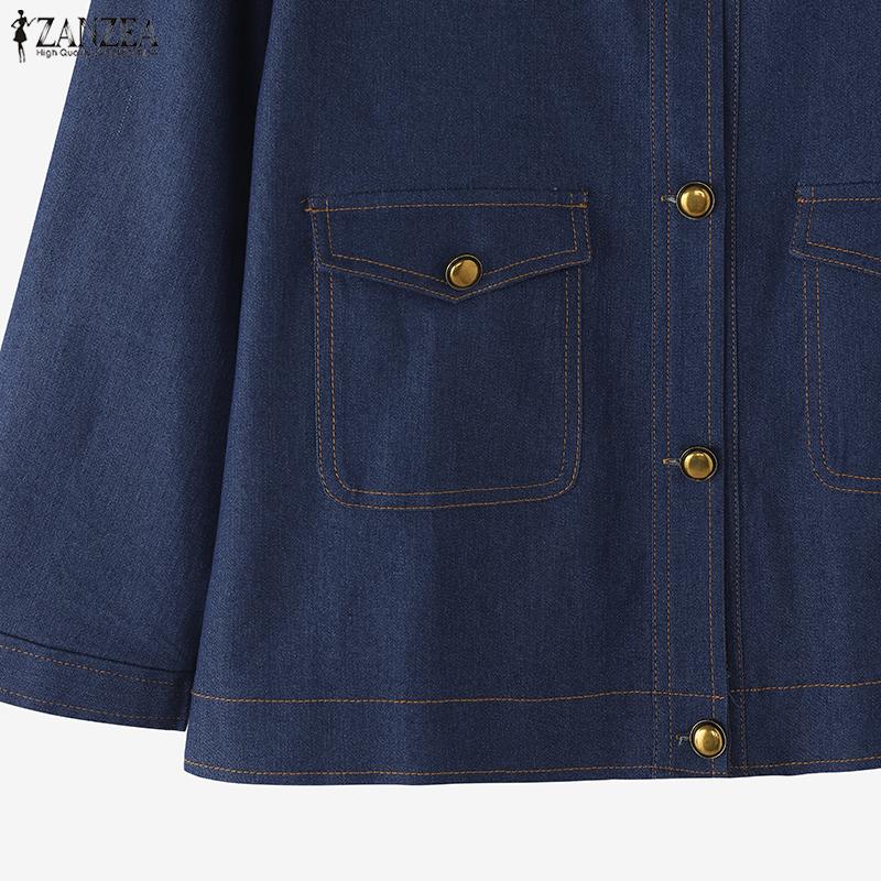 ZANZEA Women Casual Round Neck Long Sleeve Vintage Denim Blouse