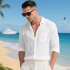 Men's Solid Color Loose-Fit Linen Long-Sleeved Collared Shirt Cardigan