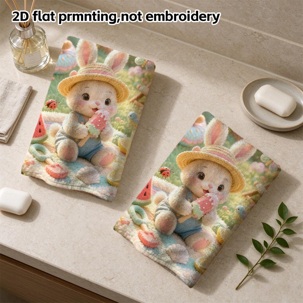 Felt Summer Bunny Picnic Soft Bath Towel, Rainbow Castle Ice Cream Rabbit Absorbent Quick Dry Towel