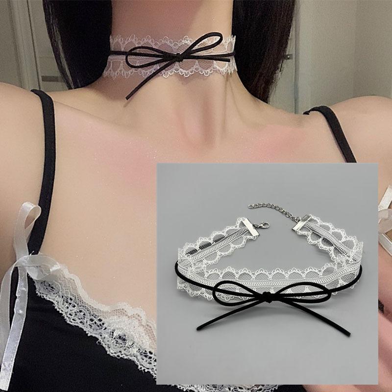 White Lace Bow Choker Clavicle Necklace Korean Style Sweet Women Neck Jewelry