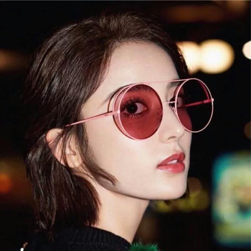 

Женские солнцезащитные очки с круглой оправой ярко-красного цвета с металлической прорезью - Уличный стиль знаменитостей Gold Frame