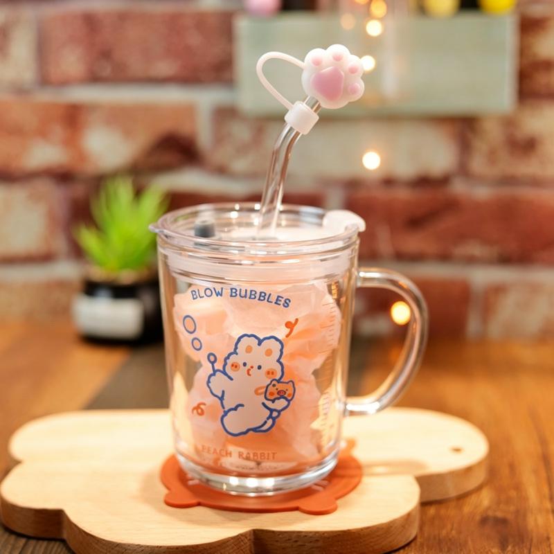 Children's Heat-Resistant Cute Cartoon Straw Glass Cup with Handle and Measurement Scale