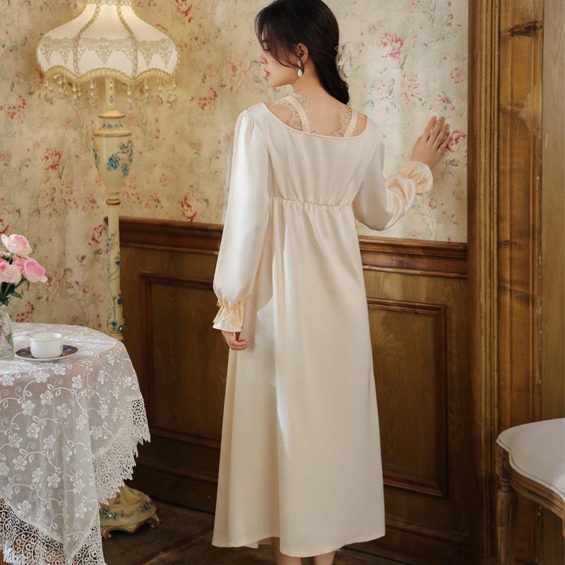 Long-sleeved nightgown women's spring simulation silk court retro style lace ice silk pajamas chest pad can be worn outside loungewear autumn and wint