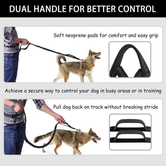 Dog Leash with Waist Bag Reflective Retractable Leash for Two Dogs Hands-Free Running Leash with Padded Handles Night Safety Walking Gear