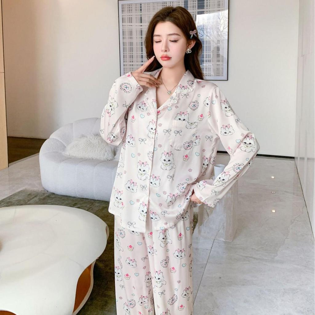 Women's Ice Silk Pajamas, Long Sleeve Set with Cartoon Design, Elegant Summer and Autumn Style, Internet Celebrity-Inspired Homewear.