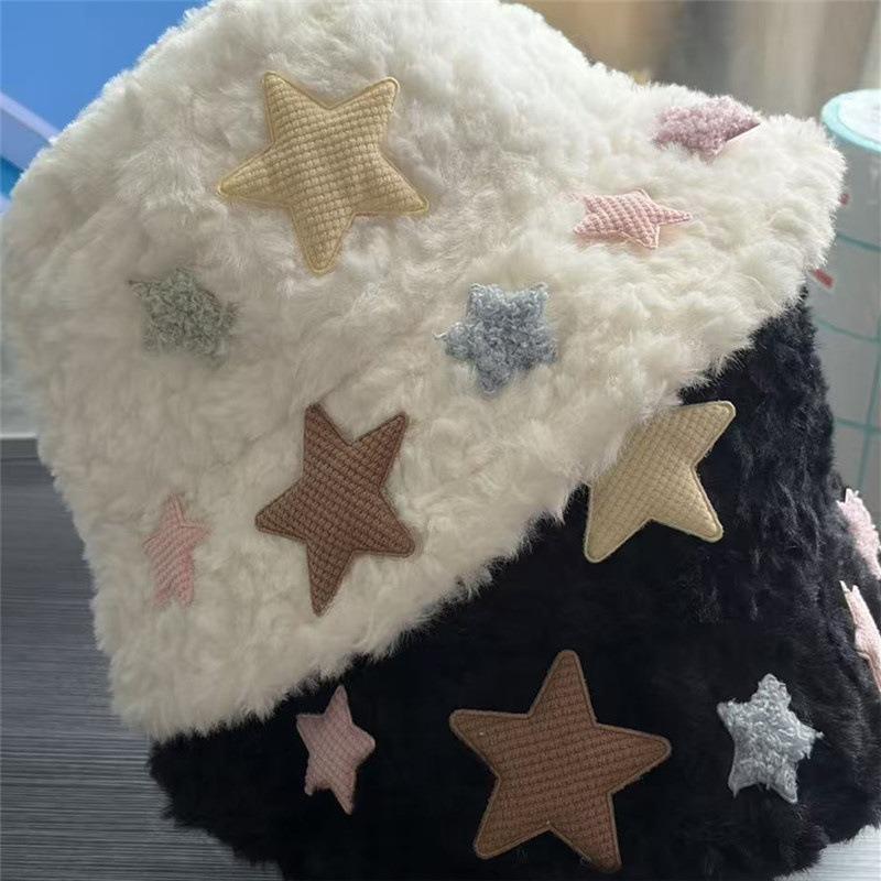 Women S Plush Star Bucket Hat Cute Warm Sun Protection For Autumn Winter