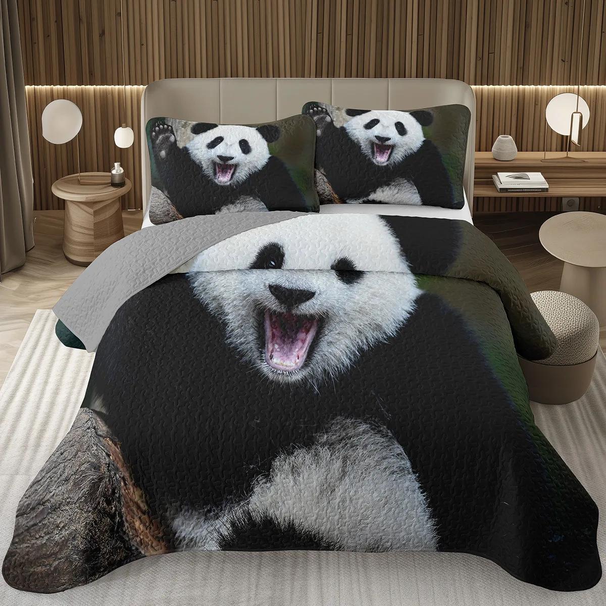 

White And Black Panda Bedspread Set Kawaii Bamboo Botanical Twin Quilt Set Cute Panda Themed Coverlet Wild Animal Bedding Set EU Single(135*200cm)3pcs