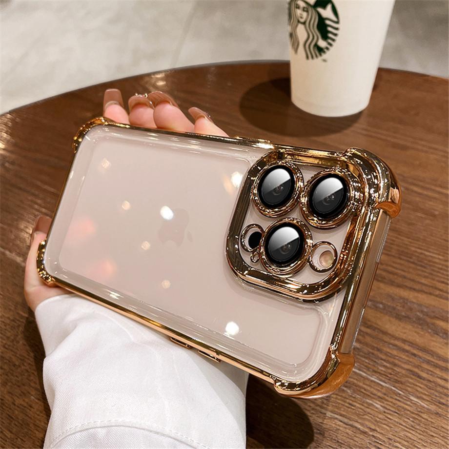 Luxury Electroplate Shockproof Phone Case For iPhone 15 14 13 12 11 Pro Max Plus Lens Protection Bumper Transparent Back Cover