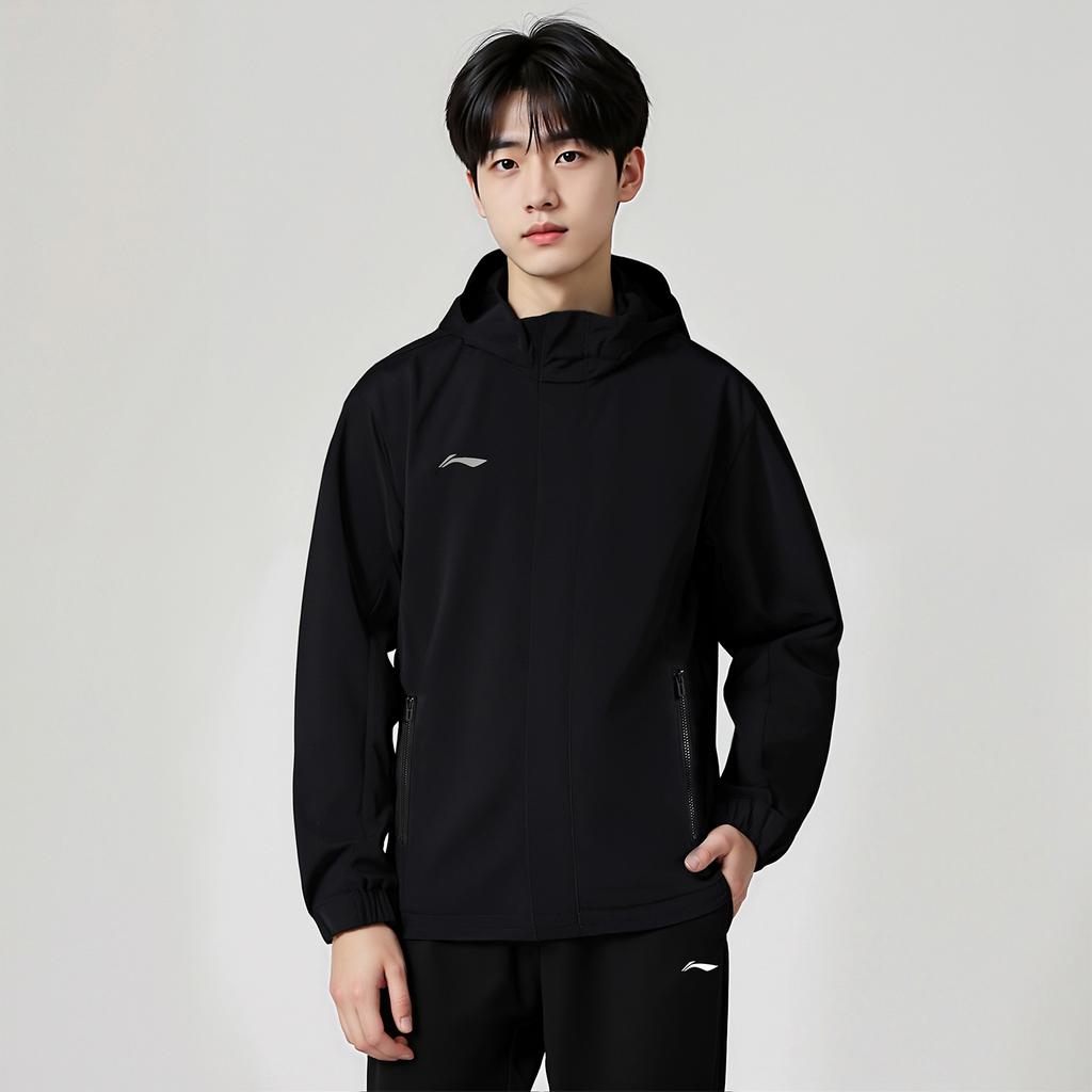Li-Ning Giacca a vento tinta unita con logo, vestibilità larga, impermeabile, felpa sportiva casual da uomo, capospalla AFDVJ43-2