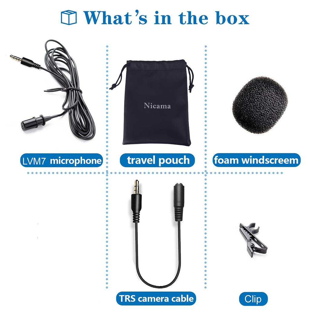 Nicama LVM7 Mini Clip-on Microphone, Pin Microphone, Condenser Microphone, Omnidirectional, High-Performance, for DSLR Cameras, Camcorders, Audio