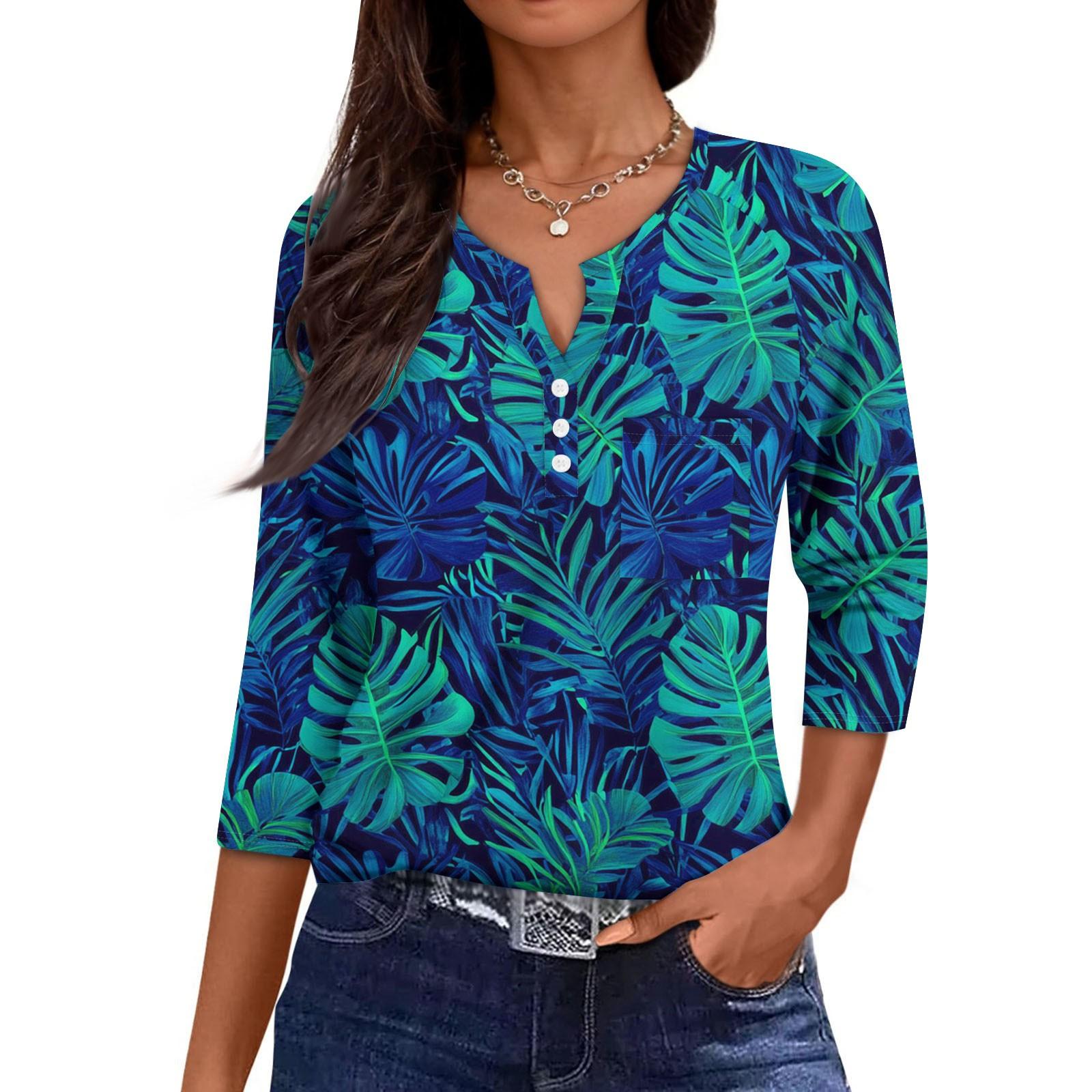 

Жіноча Повсякденна Мода V-подібний Виріз Вільний Універсальний Квітковий Принт Рукави Три Чверті S Темно-синій