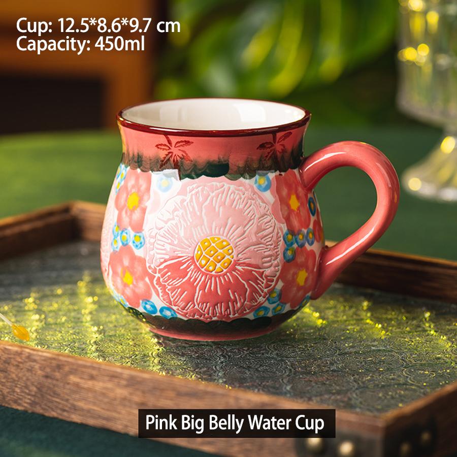 Retro Hand-painted Floral Pattern Contrasting Color Large Capacity Coffee, Milk Tea, and Water Cup