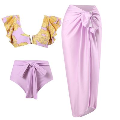 Conjunto de biquíni de praia vintage feminino, moda verão, 3 peças, conjunto de roupa de banho, top acolchoado com babados, cintura alta, parte inferior com cadarço, saída de banho