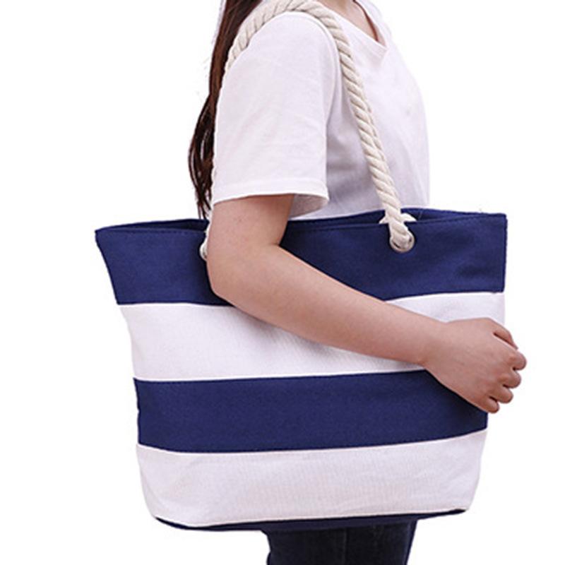 Cotton Rope Portable Canvas Bag Fabric Striped Shoulder Shopping Bag Large Capacity Practical Beach Splicing Shoulder Bag