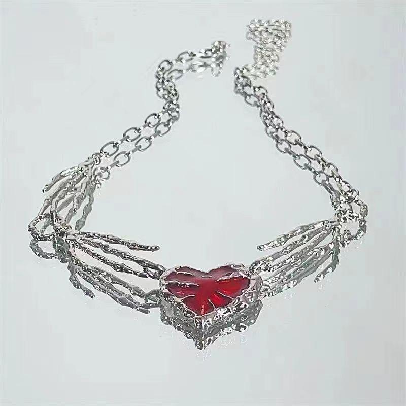 Dark Red Heart Pendant Choker with Ghost Claw Design for Women
