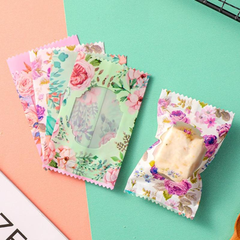100Pcs Floral Cookie Bag Candy Wrapper Pastry Bag Homemade Handmade Biscuit Plastic Packing For Wedding Party Kitchen