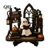 Halloween Party Tabletop Centerpieces Reading Ghost Figurine, Wooden Desktop Ornaments, Vintage Pumpkin Decor Statue with Stand for Home Fireplace