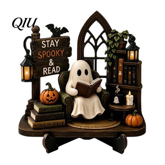 Halloween Party Tabletop Centerpieces Reading Ghost Figurine, Wooden Desktop Ornaments, Vintage Pumpkin Decor Statue with Stand for Home Fireplace
