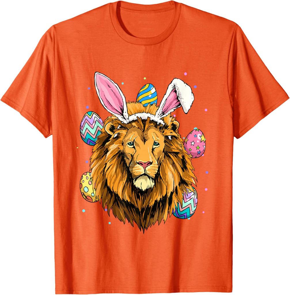 Lion Wearing Easter Bunny Ears Graphic Tee Cotton Short Sleeve Crew Neck Casual T-Shirt