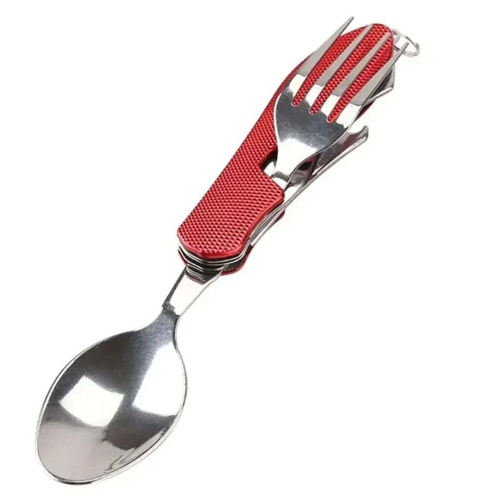 4-in-1 Faltbares Besteckset, Edelstahl Campingbesteck mit Messer Gabel Löffel Flaschenöffner, Tragbar für Outdoor Reisen