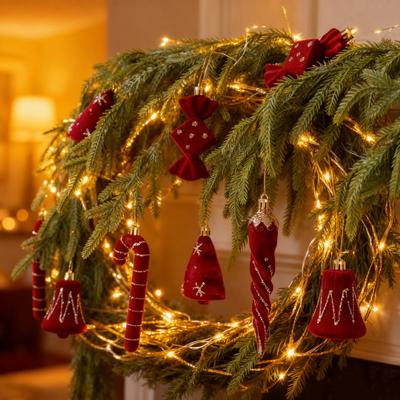 2 Pcs Velvet Christmas Ornaments Shatterproof Glitter Sequins Flocked Bell/Candy Cane/Ice Isicle Hanging Decoration for Xmas Tree Holiday Home Party