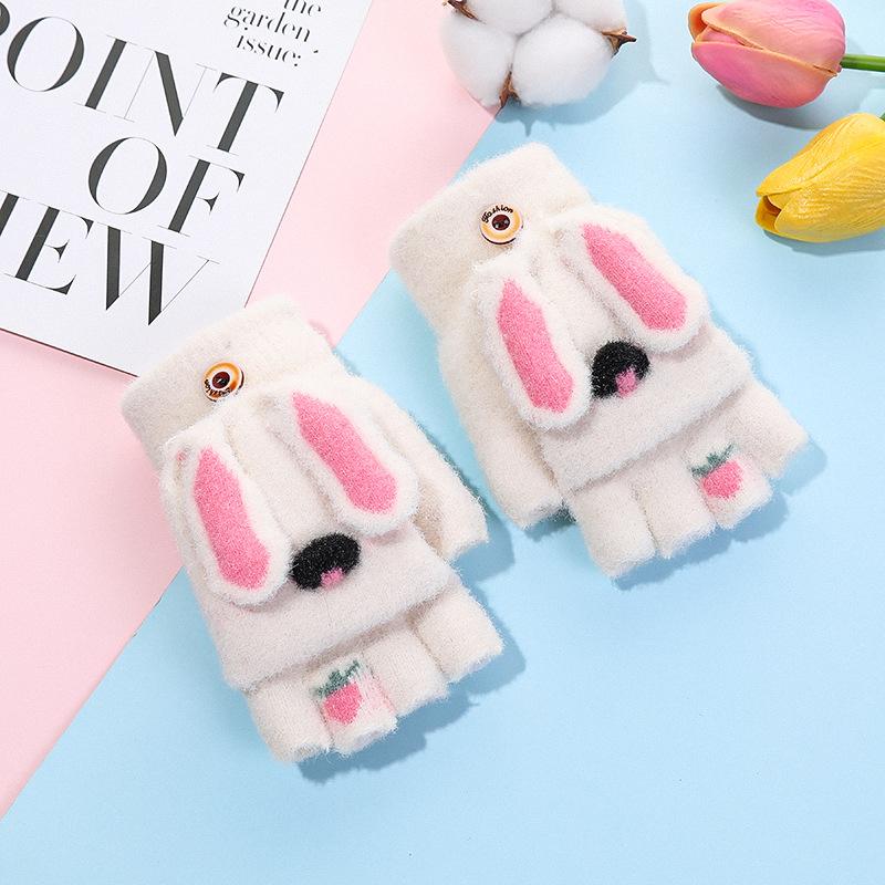 Winter Children's Knitted Finger Gloves for Boys and Girls, Warm and Piled Thickened Cartoon Half-finger Flip-top Writing Gloves