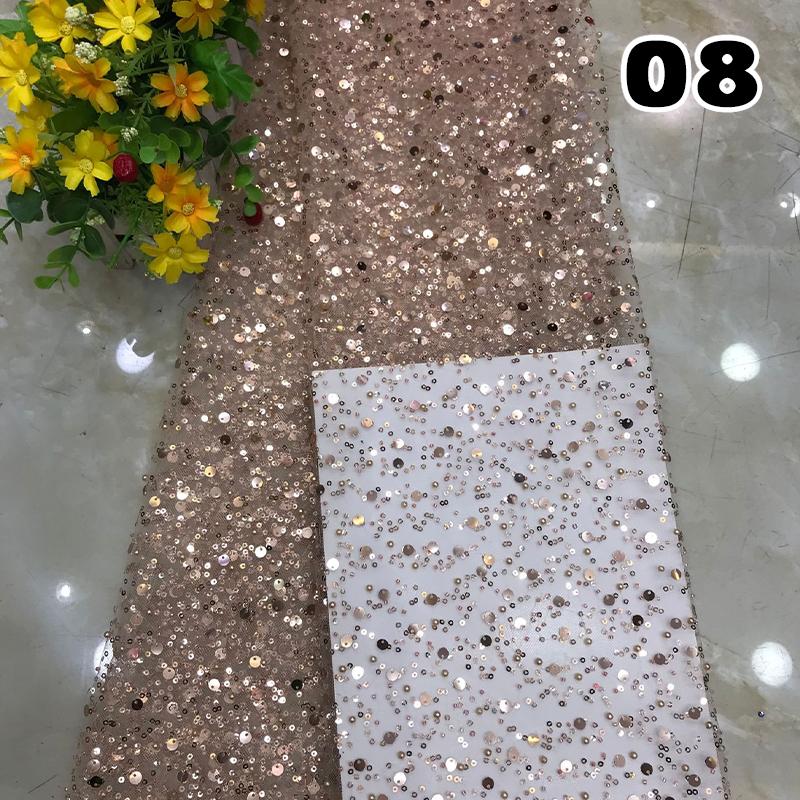 1 Yard Luxury African Heavy Bead Lace Sequins Fabric For Diy Sewing Wedding Party Dress Sparkly Transparent Tulle Lace Fabric